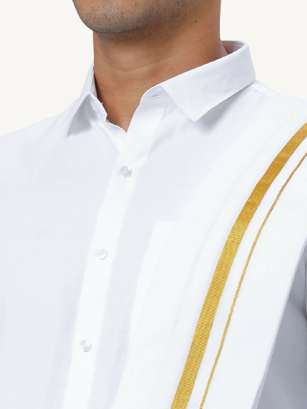 Ramraj Cotton Mens Wedding White Regular Dhoti, Shirt & Towel Set Subhakalyan 1/2"