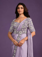 Lavender Crepe Satin Silk Embroidered Saree With Stitched Blouse - Mohmanthan Exotica