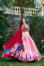 Vastranavya Luxurious Tussar Silk Print With Foil Work Lehenga Choli - Peach