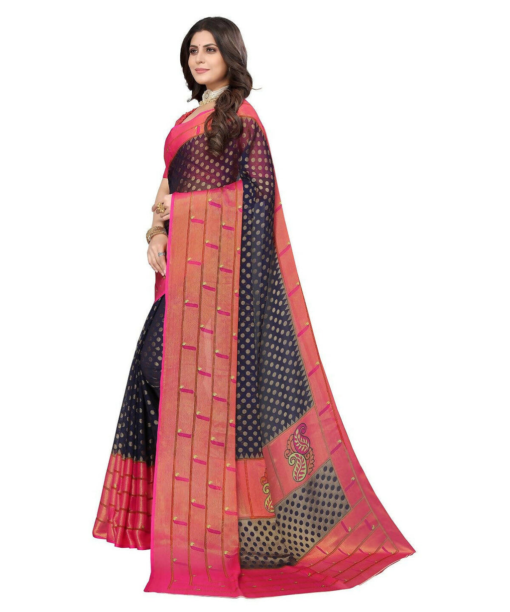 Vamika Navy Blue Chiffon Brasso Bollywood Style Woven Saree (DIMPLE NAVY) - Distacart