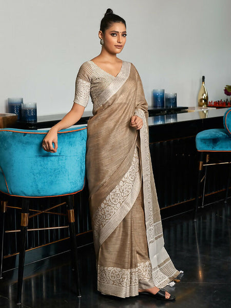 Shree Shyam Fashion Elegant Beige Woven Linen Saree with Contrast Zari Border & Tassels - Soft & Breathable Party Wear