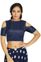 Aastha Fashion Women's Navy Blue Art Silk Cold Shoulder Sleeve Readymade Blouse