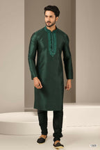 Raivat Ethnic Banarasi Art Silk Mirror Work Kurta Pajama In Dark Green Colour