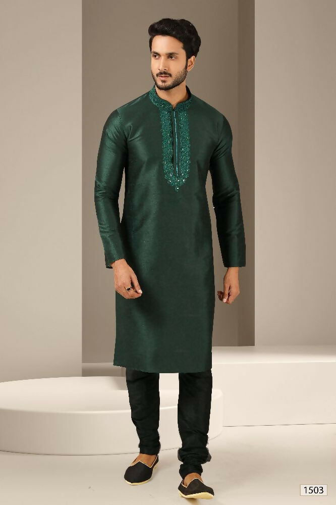Raivat Ethnic Banarasi Art Silk Mirror Work Kurta Pajama In Dark Green Colour