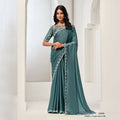 Sea Green Crepe Satin Silk Sequence & Handwork Saree With Unstitched Blouse - Norita Saanjh