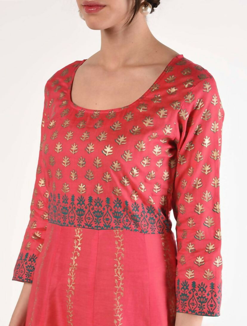 Cheera Women Stylish Hand Block Printed Cotton Blend Flared Kurta - Peach