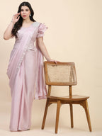 Light Pink Silk Satin Sequence Work Ready to Wear Saree with stitched Blouse - Nirvana