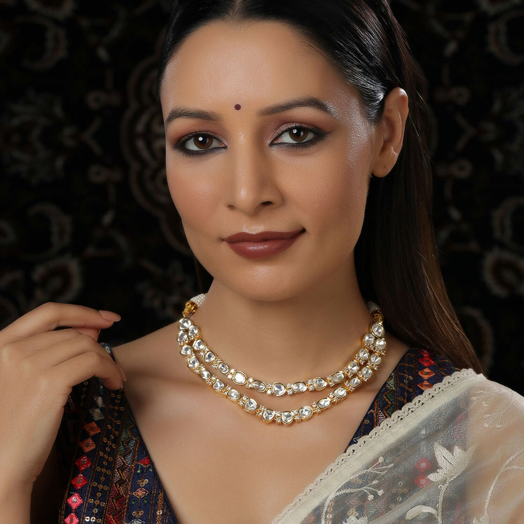 Double Layered Kundan and American Diamond Neckpiece (Gold) - Ruby Raang