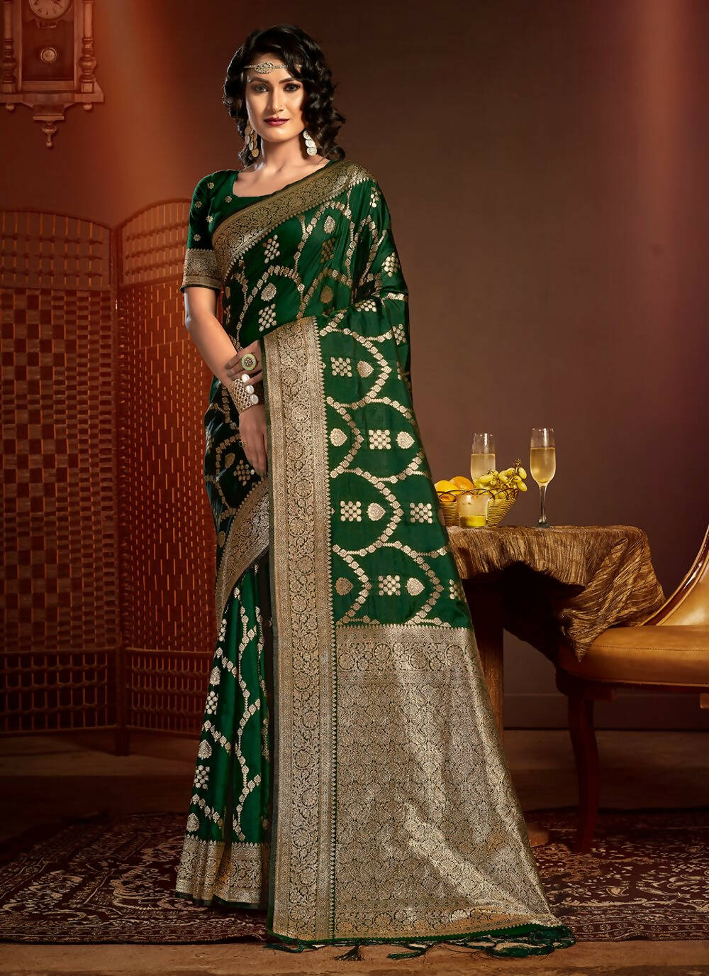 Dark Green Silk Ethnic Motif Woven Design Saree with Unstitched Blouse Piece - Aachal