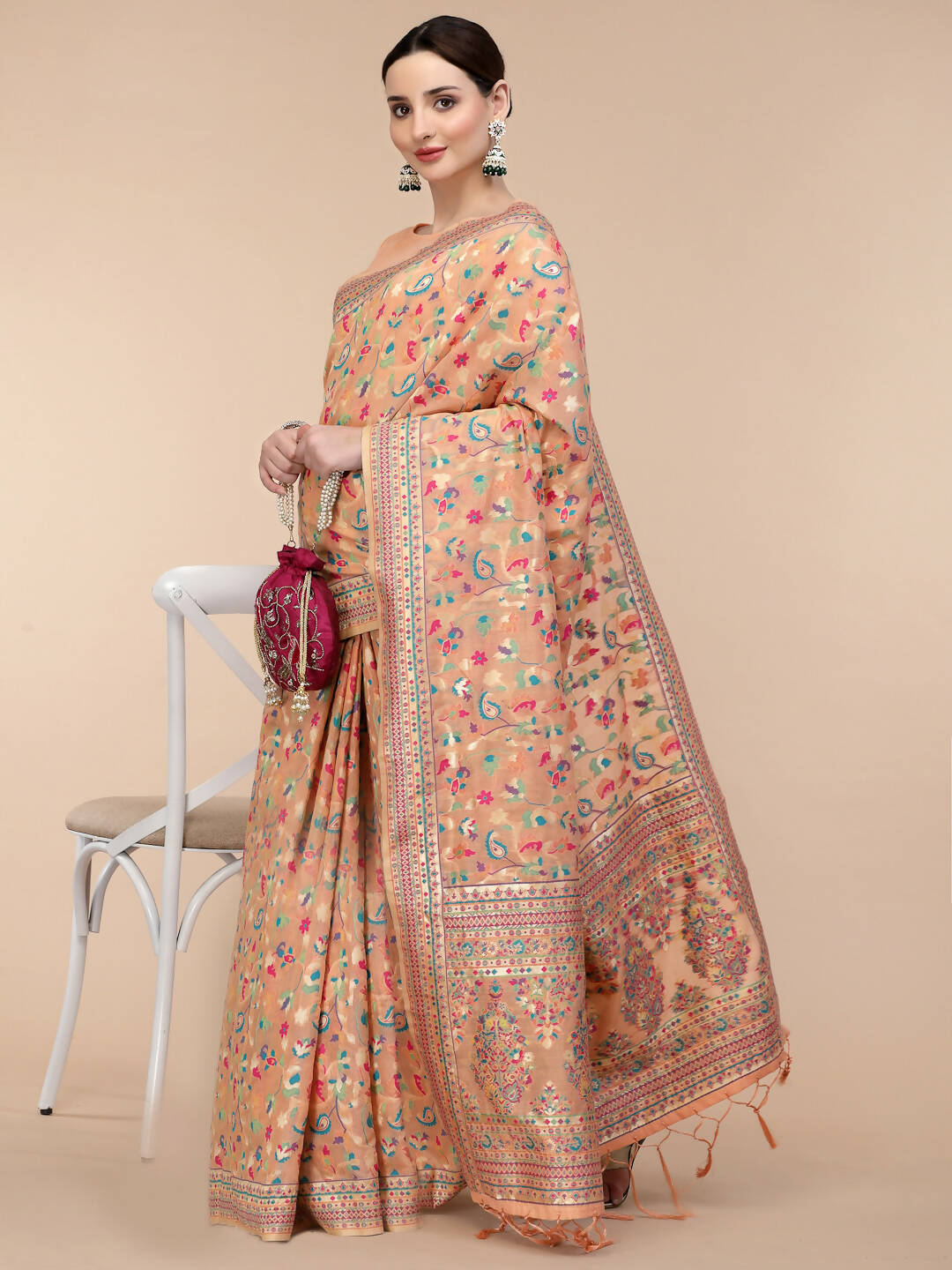 Peach Silk Blend Woven Design Saree With Unstitched Blouse Piece - Aloki