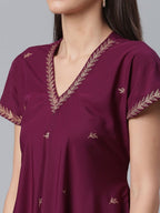 Ahalyaa Women Wine Crepe Glitter Print Kimono Style Kurta With Palazzo