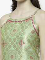 Myshka Green Jacard Printed Sleeveless Round Neck Kurta Pant Dupatta Set