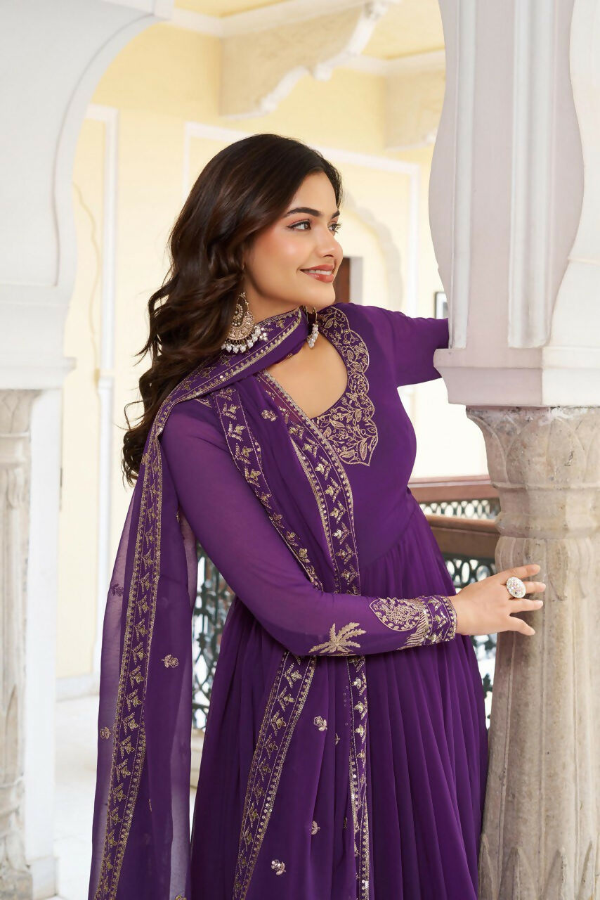 The52 Women's Gorgeous Faux Georgette Fabric Embroidery Work Flared Anarkali Pant and Dupatta Set - Distacart