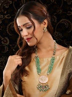 Ruby Raang Gold Polished Green Long Kundan And Stonework Necklace With Earrings