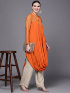 Ahalyaa Women Orange Ethnic Motifs Printed Crepe Cowl Kurta - Distacart
