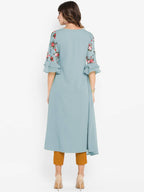 Janasya Blue Floral Embroidered Flared Sleeves Thread Work Crepe Anarkali Kurta - Distacart