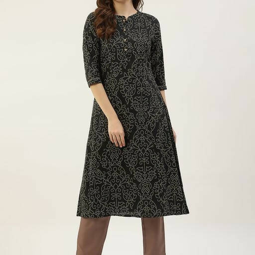 FIORRA Women's Black Printed Flared Cotton Kurta