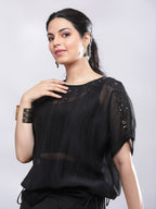 BohoJazz Signature Mul Two Layer Blouson Kimono Top with Motif - Black - Distacart