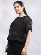 BohoJazz Signature Mul Two Layer Blouson Kimono Top with Motif - Black - Distacart