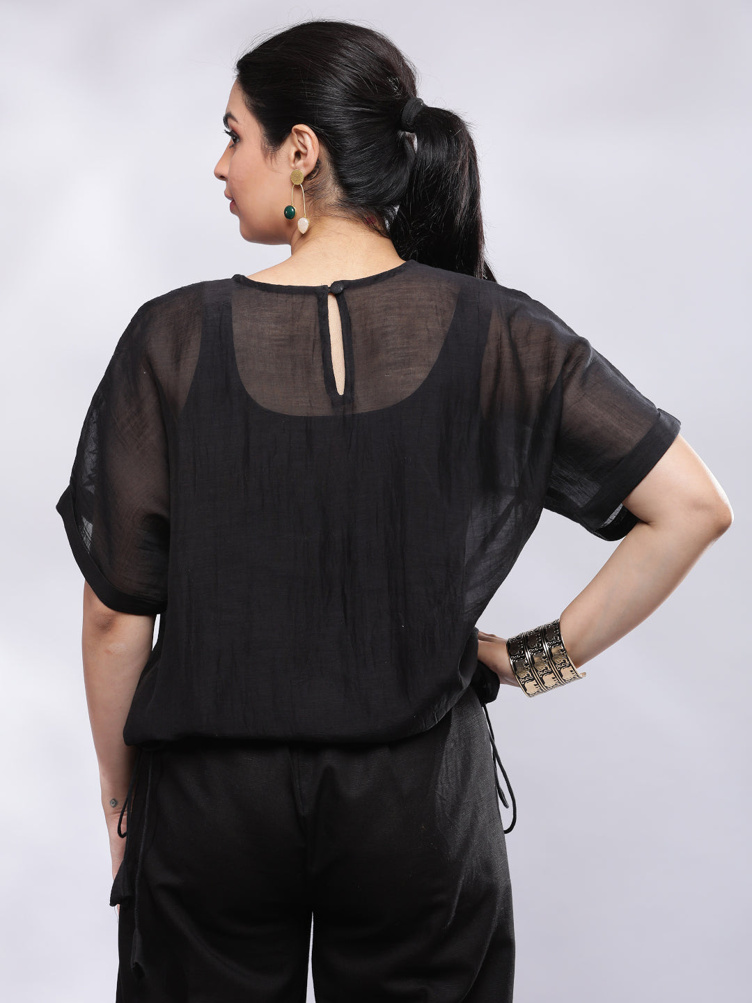 BohoJazz Signature Mul Two Layer Blouson Kimono Top with Motif - Black - Distacart