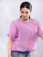 BohoJazz Signature Mul Two Layer Blouson Kimono Top with Motif - Purple - Distacart