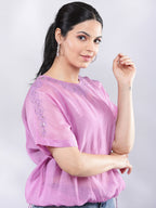 BohoJazz Signature Mul Two Layer Blouson Kimono Top with Motif - Purple - Distacart