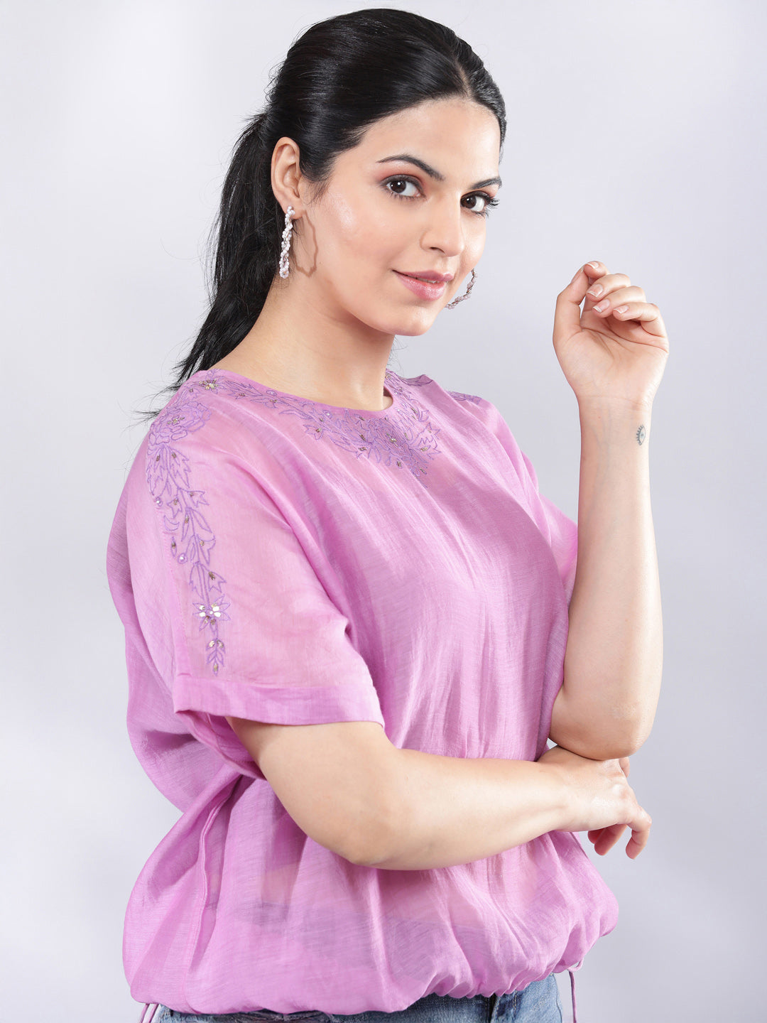 BohoJazz Signature Mul Two Layer Blouson Kimono Top with Motif - Purple - Distacart