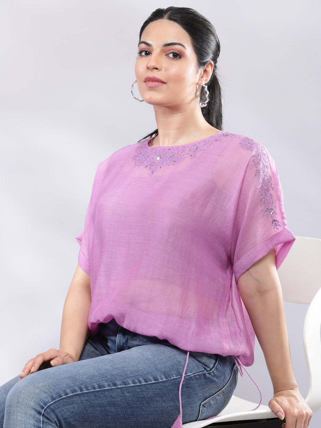 BohoJazz Signature Mul Two Layer Blouson Kimono Top with Motif - Purple - Distacart
