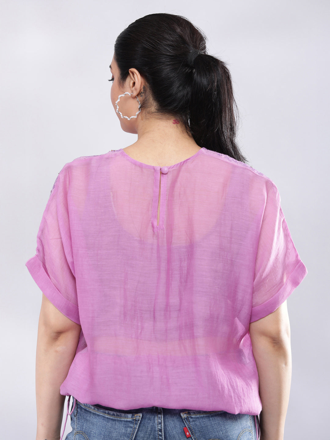 BohoJazz Signature Mul Two Layer Blouson Kimono Top with Motif - Purple - Distacart