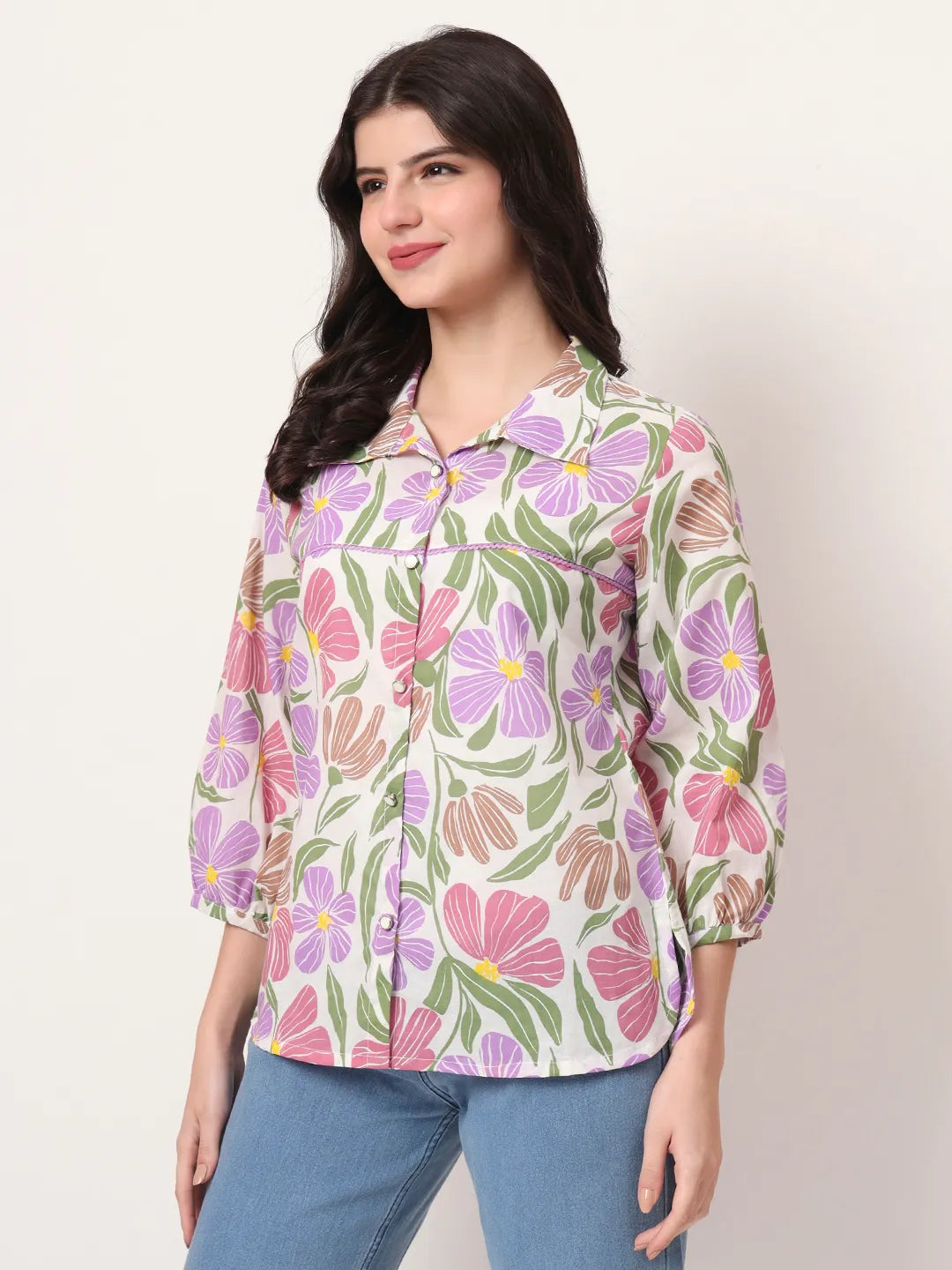 Yufta Multi Cotton Mandarin Collar Shrit Style Top
