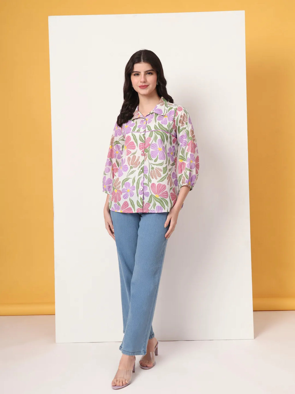 Yufta Multi Cotton Mandarin Collar Shrit Style Top