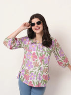 Yufta Multi Cotton Mandarin Collar Shrit Style Top