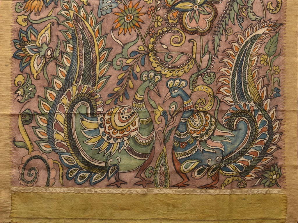 Multicolor Kalamkari Hand Painted Cotton Silk Handloom Saree With Exotic Floral and Peacocks Pallu Design - Global Threads
