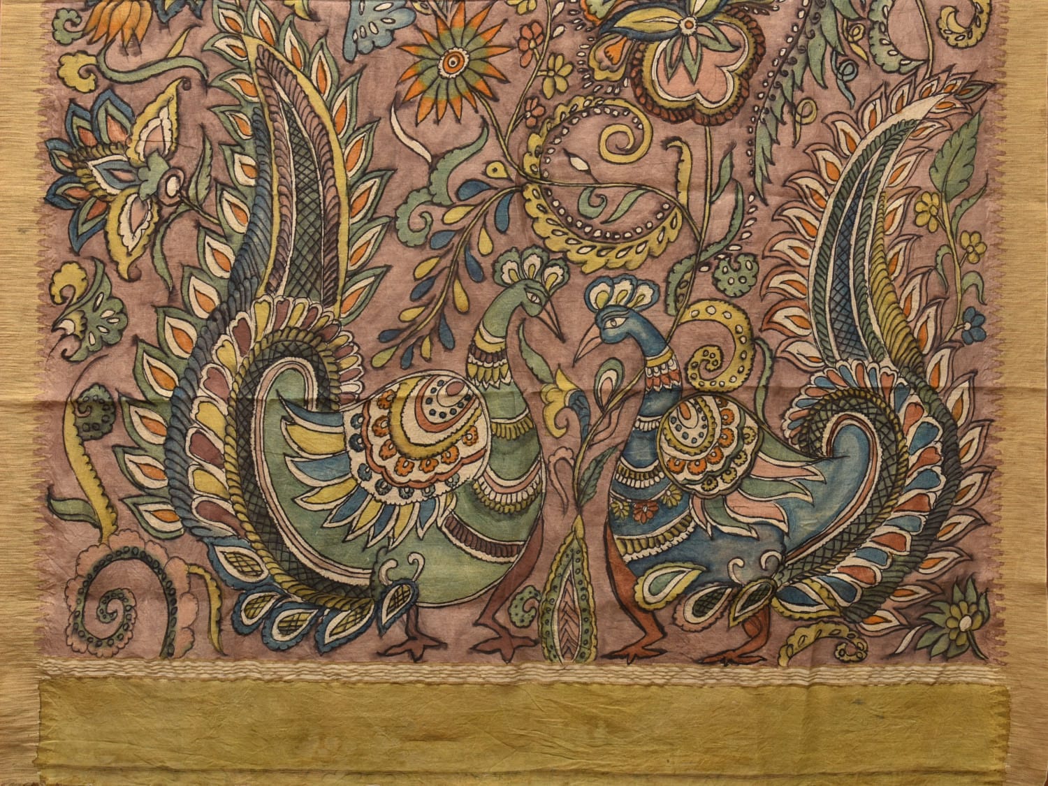 Multicolor Kalamkari Hand Painted Cotton Silk Handloom Saree With Exotic Floral and Peacocks Pallu Design - Global Threads