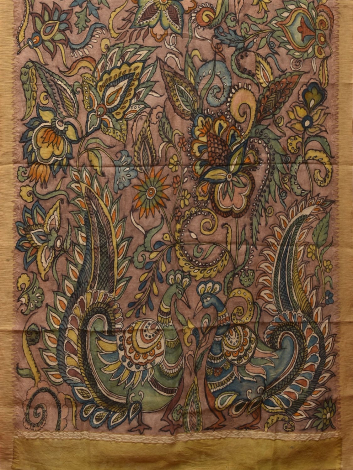 Multicolor Kalamkari Hand Painted Cotton Silk Handloom Saree With Exotic Floral and Peacocks Pallu Design - Global Threads