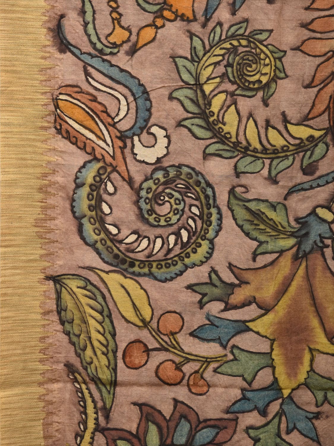 Multicolor Kalamkari Hand Painted Cotton Silk Handloom Saree With Exotic Floral and Peacocks Pallu Design - Global Threads
