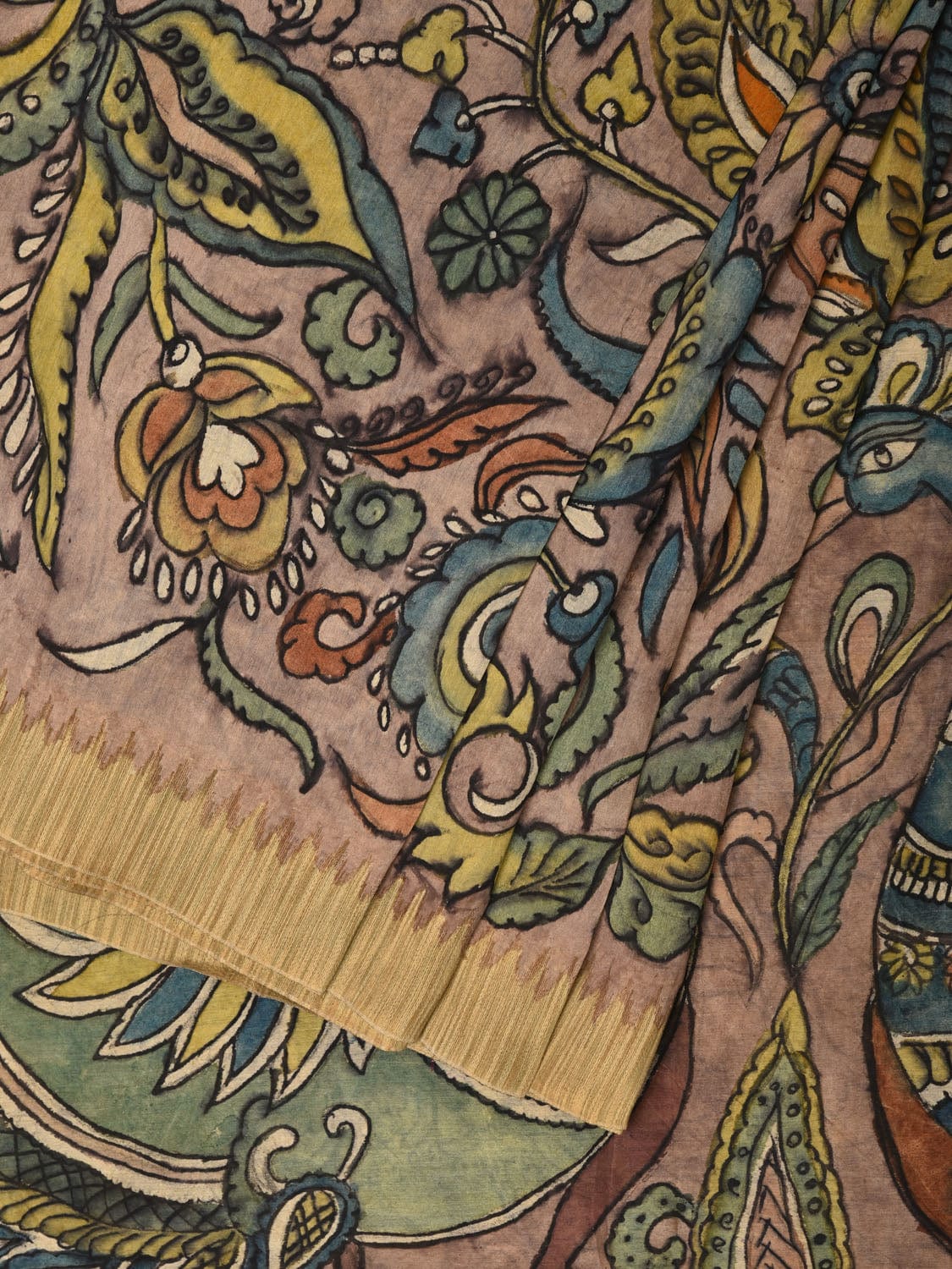 Multicolor Kalamkari Hand Painted Cotton Silk Handloom Saree With Exotic Floral and Peacocks Pallu Design - Global Threads