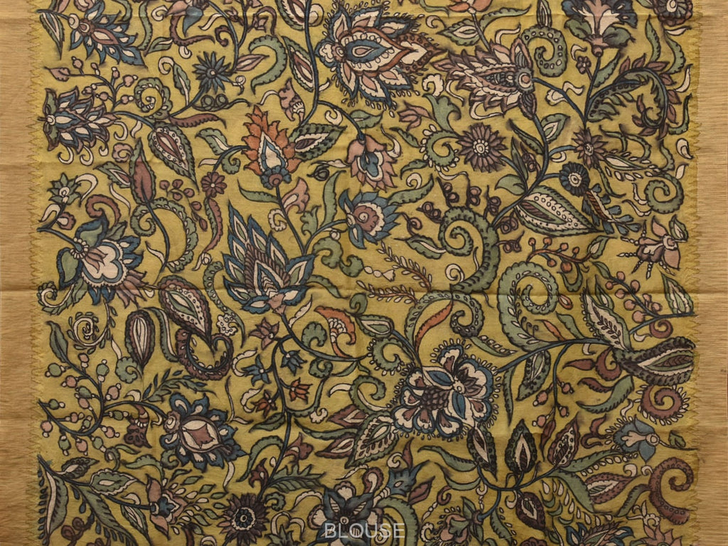 Multicolor Kalamkari Hand Painted Cotton Silk Handloom Saree With Exotic Floral and Peacocks Pallu Design - Global Threads