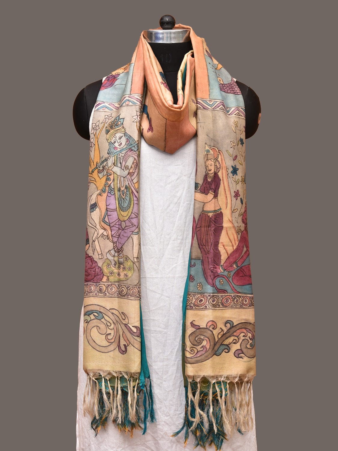 Multicolor Kalamkari Hand Painted Kanchipuram Silk Handloom Dupatta with Dashavatar Design - Global Threads