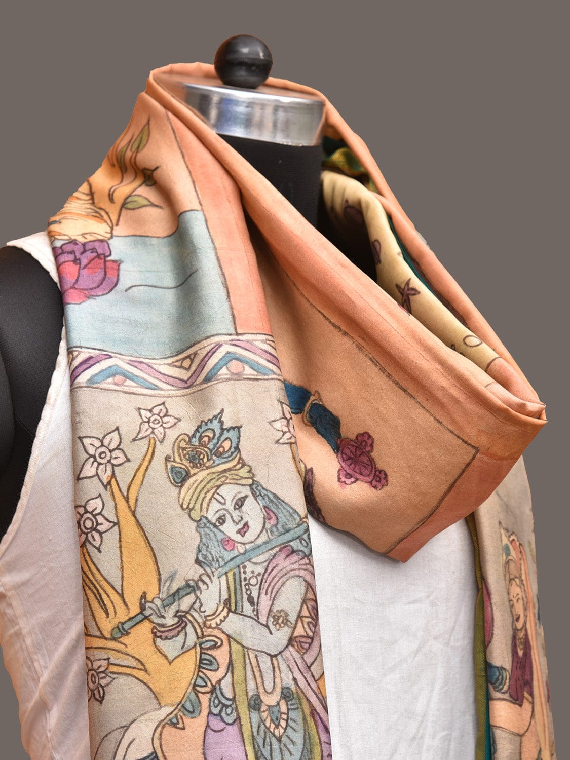 Multicolor Kalamkari Hand Painted Kanchipuram Silk Handloom Dupatta with Dashavatar Design - Global Threads