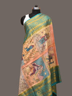 Multicolor Kalamkari Hand Painted Kanchipuram Silk Handloom Dupatta with Dashavatar Design - Global Threads
