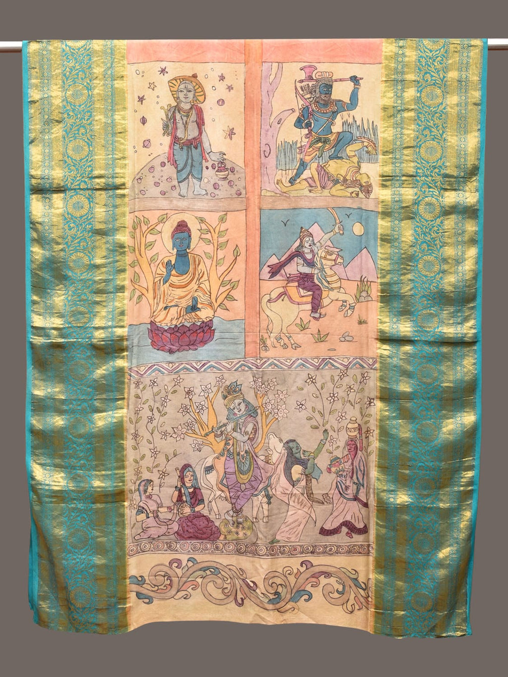 Multicolor Kalamkari Hand Painted Kanchipuram Silk Handloom Dupatta with Dashavatar Design - Global Threads