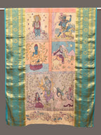 Multicolor Kalamkari Hand Painted Kanchipuram Silk Handloom Dupatta with Dashavatar Design - Global Threads