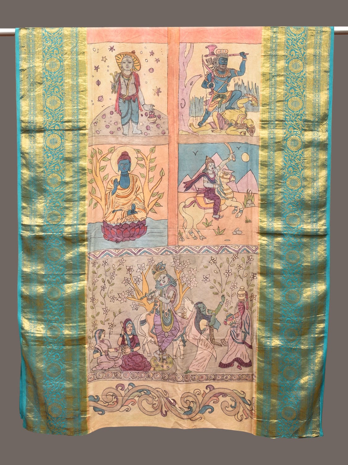 Multicolor Kalamkari Hand Painted Kanchipuram Silk Handloom Dupatta with Dashavatar Design - Global Threads