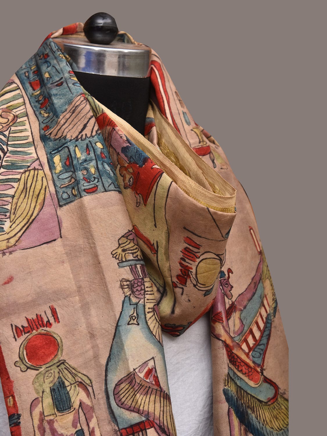 Multicolor Kalamkari Hand Painted Kanchipuram Silk Handloom Dupatta with Egyptian Design - Global Threads