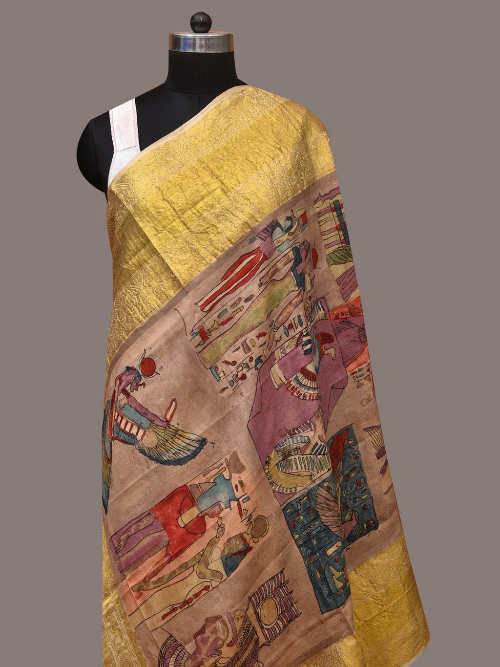 Multicolor Kalamkari Hand Painted Kanchipuram Silk Handloom Dupatta with Egyptian Design - Global Threads
