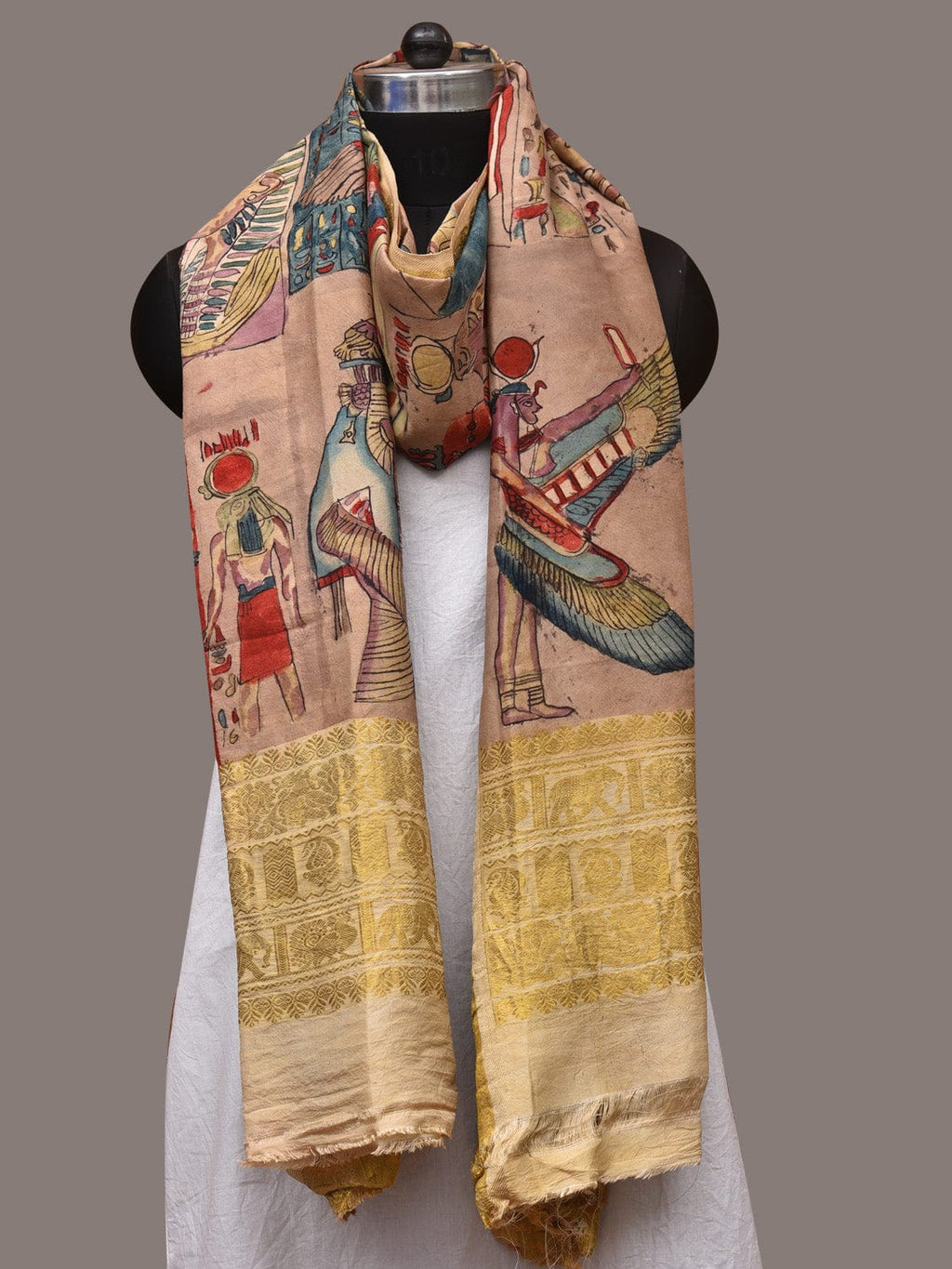 Multicolor Kalamkari Hand Painted Kanchipuram Silk Handloom Dupatta with Egyptian Design - Global Threads