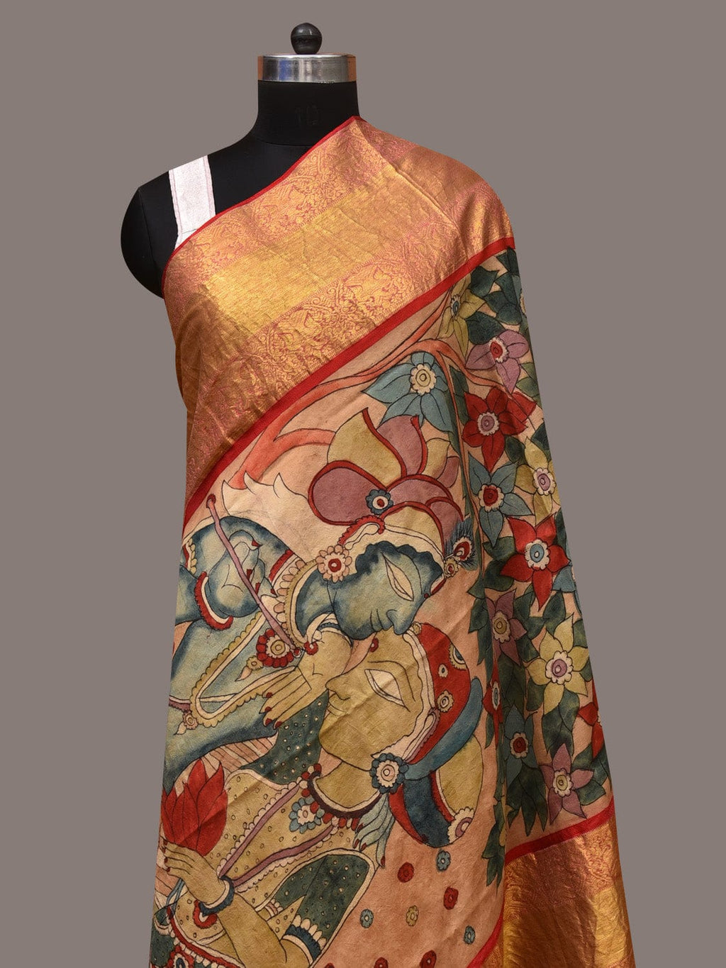 Multicolor Kalamkari Hand Painted Kanchipuram Silk Handloom Dupatta with Krishna Design - Global Threads