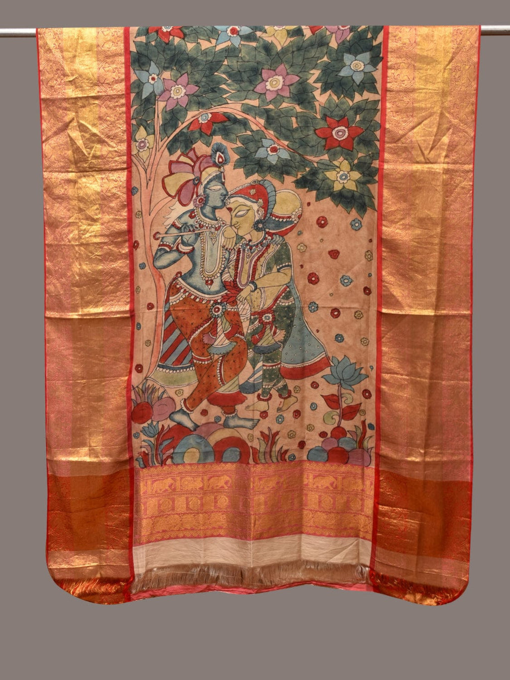Multicolor Kalamkari Hand Painted Kanchipuram Silk Handloom Dupatta with Krishna Design - Global Threads