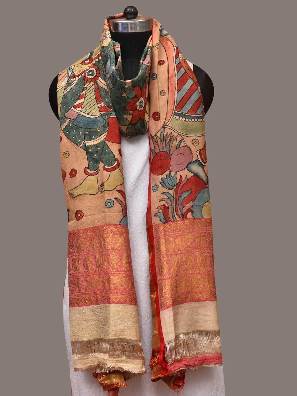 Multicolor Kalamkari Hand Painted Kanchipuram Silk Handloom Dupatta with Krishna Design - Global Threads